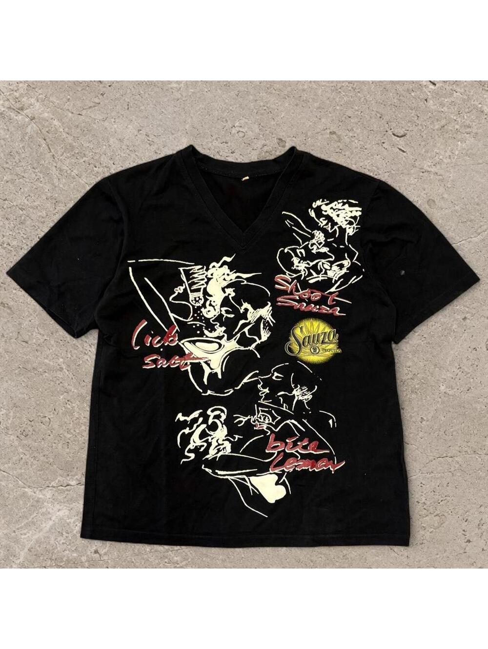 Fire Y2K Sauza Vodka Black V-Neck Graphic Tee